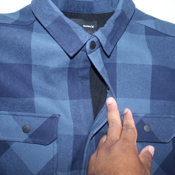 Hurley Men Black and Blue Flannel Jacket Long Sleeve Size 2XL Missing Buttons - Picture 8 of 10